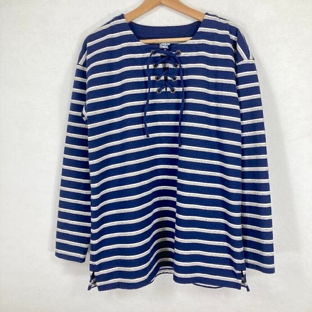 Lands’ End Long Sleeve Lace Up Blue And White Striped Top Med